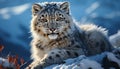 Majestic snow leopard, a large endangered feline, staring in nature generated by AI