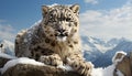 Majestic snow leopard, a large endangered feline, staring with strength generated by AI