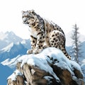 Majestic Snow Leopard Perching on a Rocky Pinnacle in a Snowy Landscape