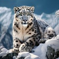 Majestic Snow Leopard Perching on a Rocky Pinnacle in a Snowy Landscape