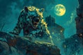 Majestic Snow Leopard Roaring Under Full Moon, Ancient Castle on Cliff, Fantasy Wildlife Scene