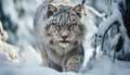 Majestic snow leopard stalking, danger in the wilderness generated by AI