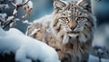Majestic snow leopard staring, fur striped in snow generated by AI