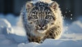 Majestic snow leopard staring, wild beauty in nature generated by AI