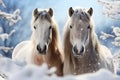 Majestic snowy horses against a serene snowy white background