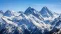 Majestic snowy mountain range against clear blue sky. Generative AI