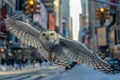 Majestic Snowy Owl Gliding Through a Bustling City Street Scene with Urban Background