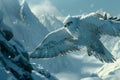 Majestic Snowy Owl Gliding Gracefully Over a Pristine Winter Landscape with Snow Capped Mountains Royalty Free Stock Photo