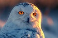 Majestic Snowy Owl with Intense Orange Eyes in Golden Sunset Light, Wildlife Bird Portrait Royalty Free Stock Photo