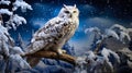 A majestic snowy owl perched on a snow-covered branch,