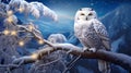 A majestic snowy owl perched on a snow-covered branch