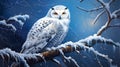 A majestic snowy owl perched on a snow-covered branch