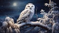 A majestic snowy owl perched on a snow-covered branch,