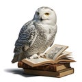 A majestic snowy owl perched on a stack of ancient books, symbolizing wisdom and knowledge. isolated on white background Royalty Free Stock Photo