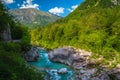Majestic Soca river in the deep canyon near Kobarid, Slovenia Royalty Free Stock Photo