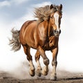 A majestic sorrel stallion stands proudly with its flowing mane and powerful brown snout. White isolated