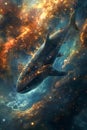 Majestic Space Whale Swimming Through Cosmic Ocean with Nebula and Starscape Background Digital Fantasy Art