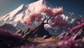 Majestic Spring Scenery: Snow-Capped Peaks and a Blooming Sakura Tree in the Mountains. Generative Ai Royalty Free Stock Photo