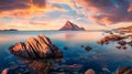 Majestic spring sunrise on Mediterranean Sea. Calm morning view of Sardinia island, Italy, Europe Royalty Free Stock Photo