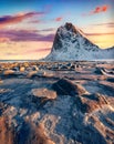 Majestic spring view of Haukland Beach, Vastvagoy. Stunning sunrise on Lofoten Island, Norway, Europe.