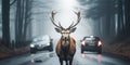 Majestic stag with impressive antlers standing in the middle of a foggy road facing the camera with a car approaching in the