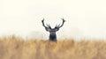 Majestic stag with large antlers standing in golden tall grass