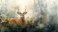 Majestic stag in misty forest watercolor artwork. Wall art wallpaper