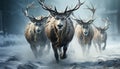 Majestic stag running through snowy forest, surrounded by herd generated by AI Royalty Free Stock Photo