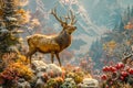 Majestic Stag in Snowy Winter Wonderland with Festive Foliage and Mountain Backdrop