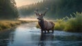 Majestic Red Deer Standing Tall in a Misty River at Sunrise Royalty Free Stock Photo