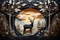 Papercut Stag in a Dreamy Winter Forest Scene. Generative AI