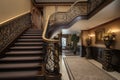 majestic staircase with intricate ironwork railing and plush carpeting
