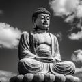 Majestic statue of Buddha against the background of the sky. AI-generated.