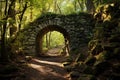 A majestic stone arch gracefully stands amidst the dense foliage of a picturesque forest, A sun-dappled forest path leading to a