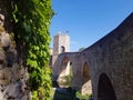 Majestic stone arched bridge in Besalu - famous medieval village Catalonia, Spain. Amazing atmospheric place for tourism near Me Royalty Free Stock Photo