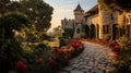 Majestic Stone Castle amidst Lush Greenery at Golden Hour Royalty Free Stock Photo