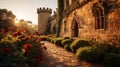 Majestic Stone Castle amidst Lush Greenery at Golden Hour