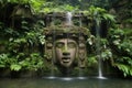 majestic stone face, with waterfalls and greenery in the background