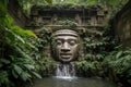 majestic stone face, with waterfalls and greenery in the background