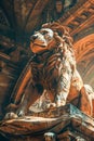 Majestic Stone Lion Statue in Warm Sunlight with Intricate Carvings and Historic Architecture Background