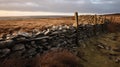 Majestic Stone Wall On English Moors: A Captivating Morning View
