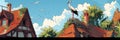 Majestic Stork Perched on a Thatched Rooftop in a Traditional European Village