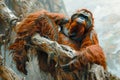 Majestic Sumatran Orangutan Peering from Tree Branch in Misty Forest Habitat