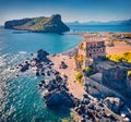 Majestic summer view of Fiuzzi Castle, Praia A Mare location.