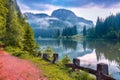 Majestic summer view of mountain lake Lacul Rosu or Red Lake or Killer Lake