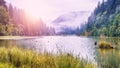 Majestic summer view of mountain lake Lacul Rosu or Red Lake or Killer Lake Royalty Free Stock Photo