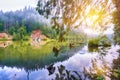 Majestic summer view of mountain lake Lacul Rosu or Red Lake or Killer Lake Royalty Free Stock Photo