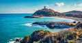 Majestic summer view of popular tourist destination - Acropoli di Bithia with Torre di Chia tower on background. Beautiful morning