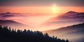 Majestic Sunrise in the Misty Mountains, Landscape with silhouettes of hills, Nature Scenery with Foggy Atmosphere Royalty Free Stock Photo