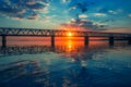 Majestic sunrise over bridge across the Dnieper river near Cherkasy, Ukraine